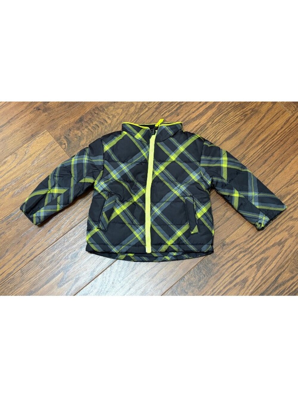 Toddler Plaid Puffer Jacket Size 12M Black & Neon Yellow Lightweight & Warm U13